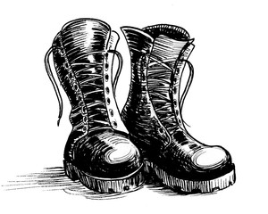 Pair of a military boots. Ink black and white drawing