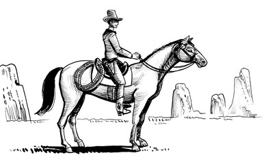 Fototapeta premium Cowboy riding a horse in the desert. Ink black and white drawing