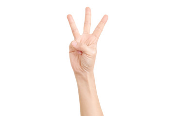 Hand shown three finger symbol on isolated white background for graphic designer