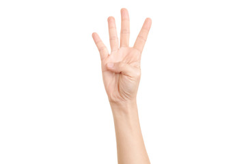Hand shown four finger symbol on isolated white background for graphic designer.