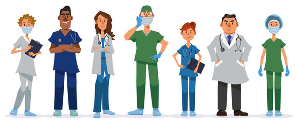 Medical team standing on white background. Doctors and nurses, global and diverse professional teamwork concept. Vector illustration in flat cartoon style.