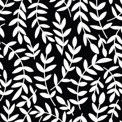 Black with white branches and leaves seamless pattern background design.