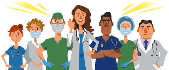 Successful doctors and nurses upper bodies on white background. Vector illustration in flat cartoon style.