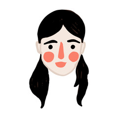 Hand drawn flat vector young woman head, Female cartoon portrait. European Woman face illustration. Element for t shirt print, card, posters social media avatar