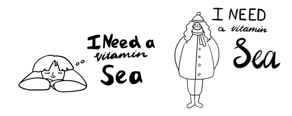 Obraz premium Happy man or woman with dream bubble flat vector illustration. Lettering I need a vitamin Sea. Travel, turism concept. Modern design concepts for web site, print, cards or poster, t shirt design