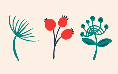 Set of hand drawn colorful set of leaf, herbs and flowers. Detailed botanical illustrations. Vector plants design collection