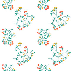 Hand drawn decorative seamless pattern with gentle flowers. Floral bouquet vector pattern with small flowers and leaves. Plants ornament for textile, fabric, print, wallpaper, wrap paper
