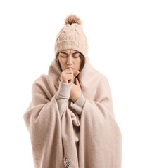 Coughing young woman on white background