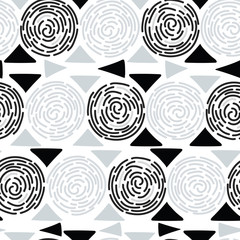 White, black and grey swirling circles seamless pattern background design.
