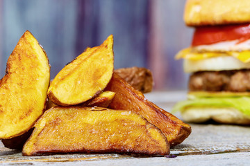 French fries with burger cutlet and cheese tomato