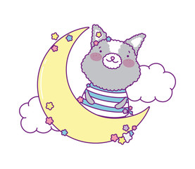 Cute cat cartoon with moon and clouds vector design