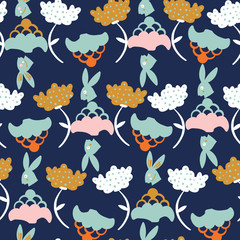 Dark blue with bunny rabbits and whimsical flowers seamless pattern background design.