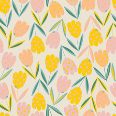 Creamy yellow with whimsical simple florals seamless pattern background design.
