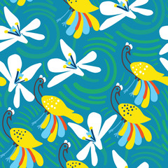 Fototapeta na wymiar Green watery waves, flowers and whimsical peacock seamless pattern background design.
