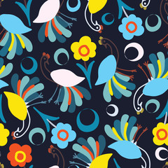 Fototapeta na wymiar Dark blue with whimsical peacock and flowery and colourful moons seamless pattern background design.
