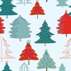 Fototapeta premium Light Blue with Red and green Christmas trees seamless pattern background design.