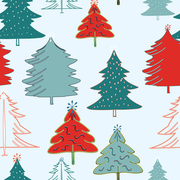 Light Blue with Red and green Christmas trees seamless pattern background design.