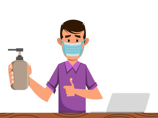 boy in medical and disinfectant bottle to prevent from coronavirus