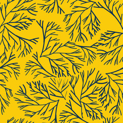 Yellow with dark blue seaweed seamless pattern background design.
