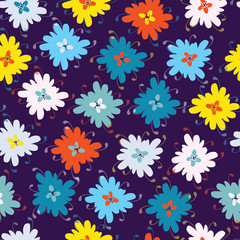 Dark purple with bright whimsical florals seamless pattern background design.