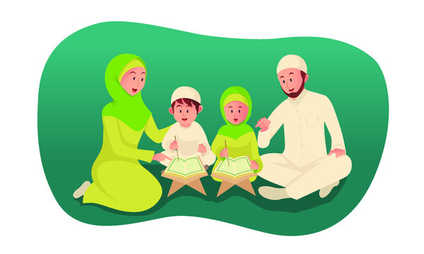 Muslim Parent Teaching Holy Quran For His Children. Ramadan Concept Illustration