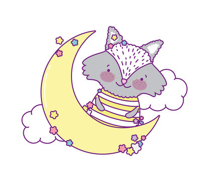 Cute raccoon cartoon with moon and clouds vector design