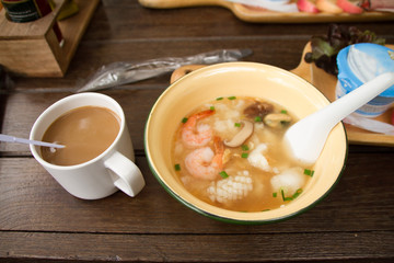 soup in a bowl with coffee 
