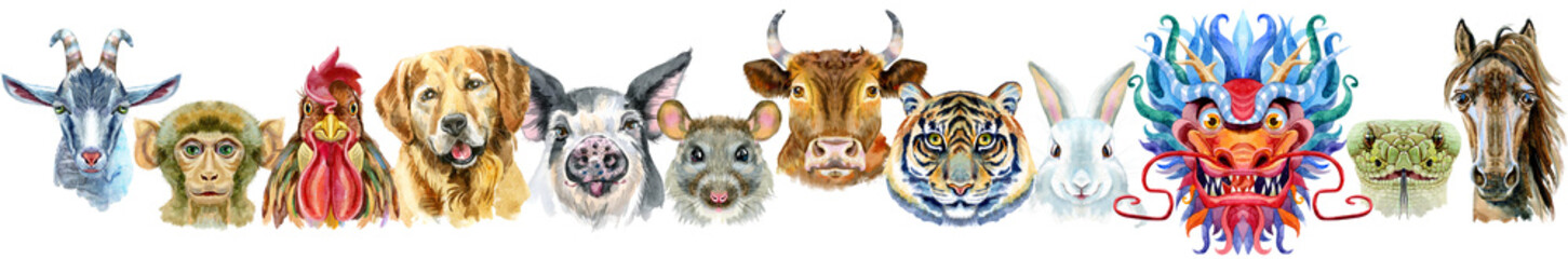 Border from watercolor twelve chinese zodiac animals