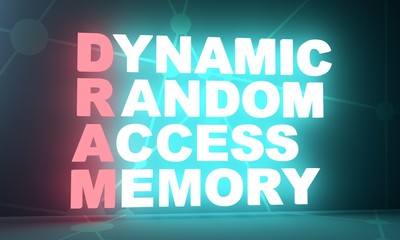 Illustration of information technology acronym. Abbreviation term definition DRAM - Dynamic Random Access Memory. 3D rendering. Neon bulb illumination
