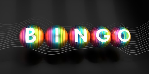 Bingo word on striped spheres. 3D rendering