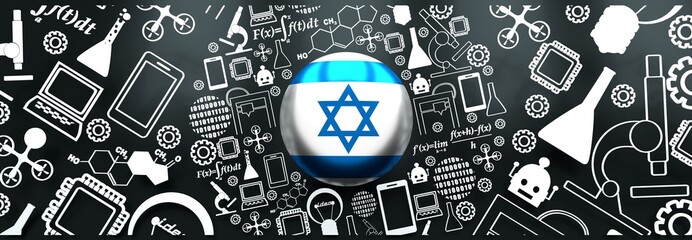 Innovation and technology concept. Circle frame with thin line icons. Flag of the Israel. 3D rendering