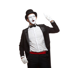 Portrait of a male mime artist performing, isolated on white background. Symbol of an idea, insight, Eureka