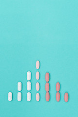 Medical, pharmacy and healthcare concept. Increase in the number of cases in population. Pharmaceutical medicine pills on mintcolored background.