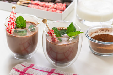 Hot cocoa with mint leaves and peppermint stirrers candies close up in a glass cups on white background. Delicious drink with light sweet mint taste