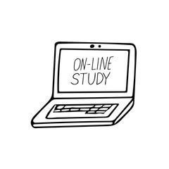 laptop and lettering on-line study hand drawn in doodle scandinavian simple monochrome style. home teaching, distance learning, internet, course, webinar broadcast, video tutorials