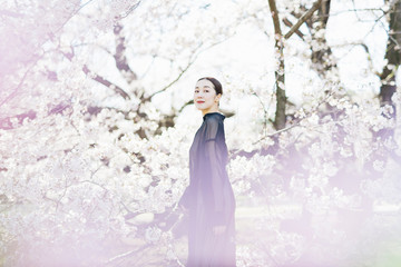 満開の桜と東洋美を備えた女性