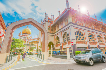Sultan Mosque in Singapore on a bright blue sky