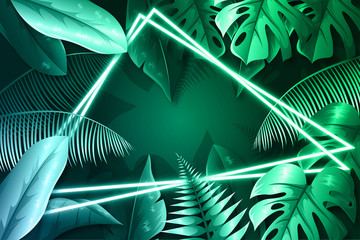 Realistic leaves with neon frame wallpaper style