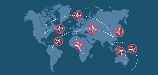 Concept of the prohibition of flights. Stop airplanes flights on world map backgrounders. vector illustration