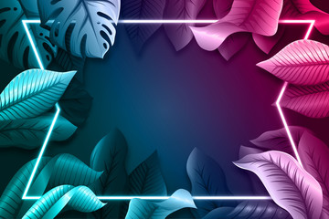 Realistic leaves with neon frame wallpaper style