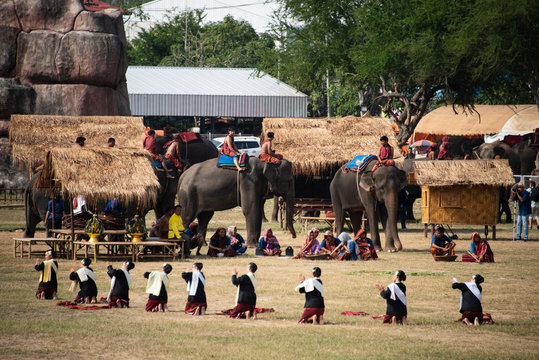 Surin, Thailand Nov 18, 2018 : show of Old traditional Lifestyle of people and elephant during The Annual Elephant Roundup
