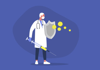 Young male doctor fighting the virus with a sword and shield, healthcare, the immune system, vaccination