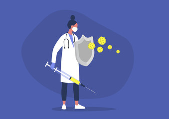 Young female doctor fighting the virus with a sword and shield, healthcare, the immune system, vaccination