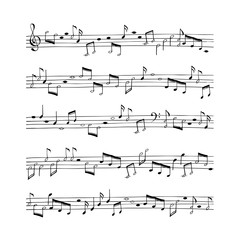 Music sheet background with hand drawn music notes. Simple cartoon design. Vector
