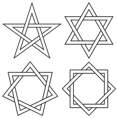 Set of stars with interlaced sides, vector knot stars for logo or tattoo