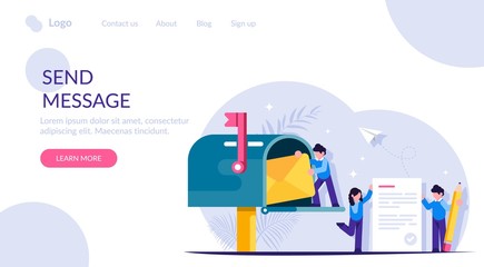 People write and send letters through the mailbox. Little character. Sending messages is a concept. Modern flat vector illustration.