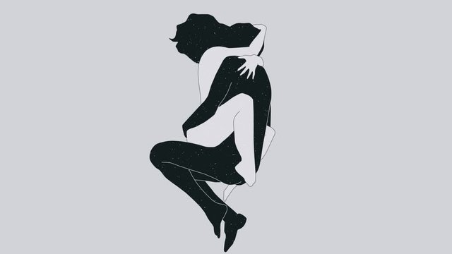 Nude couple hug, abstract animation, constellation inside, stars in motion, 2D animation
