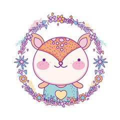 Cute reindeer cartoon inside flowers and leaves crown vector design