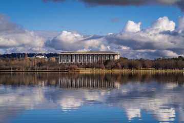 Sunny day reflections of blue sky and clouds at Lake Burley Griffin in Canberra Australia