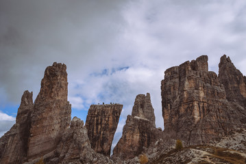 
A view of The Dolomites Cinque Torri rocky formation landscape near the alpine town of Cortina.